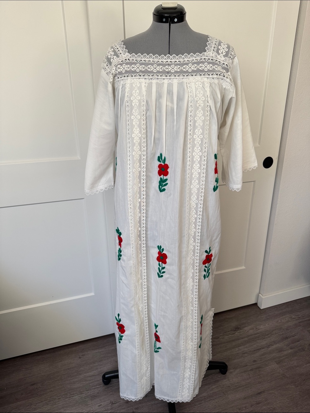 Vintage 70s Embroidered White Boho Maxi Dress with Red Floral Accents - Picture 1 of 8